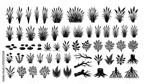Bild auf Leinwand Black cattail reed and wetland landscape silhouette pack editable vector illustr