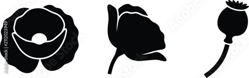 Black poppy flower bloom bud and seed pod icon set isolated on white