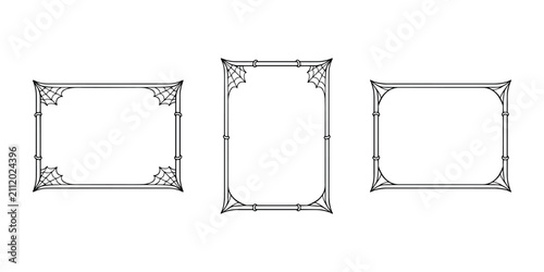 Halloween cobweb frame borders set line art. Black and white spider web corner decorative photo frames isolated on a white background