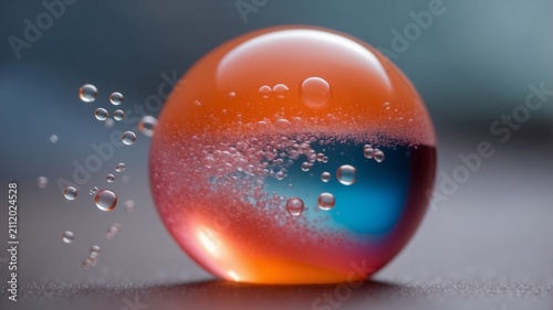 Colorful soap bubble with orange and blue gradient, surrounded by small bubbles, resting on a textured surface with soft lighting and blurred background