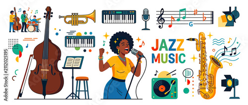Fotografie Vibrant Jazz Music Ensemble and Instruments Illustration