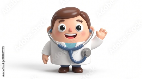 Cute 3D doctor character in white coat with stethoscope around neck waving right hand while smiling friendly.