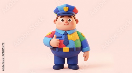 A cute clay-style 3D police character, wearing a colorful uniform, raises both hands with palms facing forward in a friendly 'stop' or 'enough' gesture.