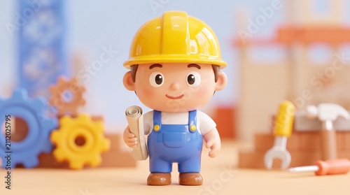 Cute 3D toy of a little Indonesian engineer wearing a yellow helmet and blue overalls with the Red and White flag logo, holding a roll of blueprints in a workshop background with gears and tools.