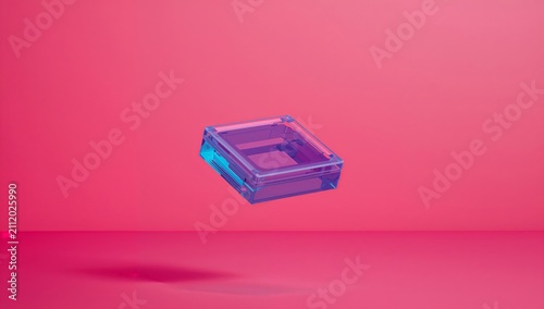 Transparent acrylic box in blue and purple colors floating above a pink background, showcasing modern design and minimalistic aesthetics in a studio setting