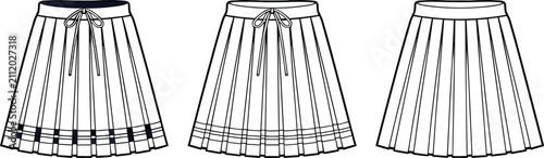 Cuadro en lienzo Blank pleated skirt template set tennis skirt technical flat sketch vector front