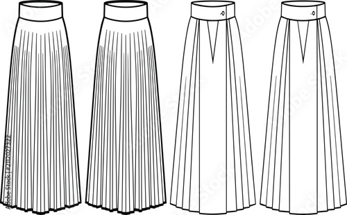 Canvas Print Blank pleated midi skirt vector set box pleat technical flat sketch template fro