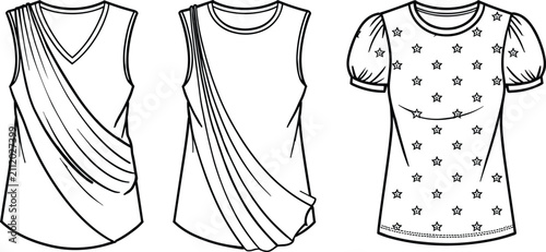 Foto Women draped sleeveless top and puff sleeve star print t shirt fashion technical