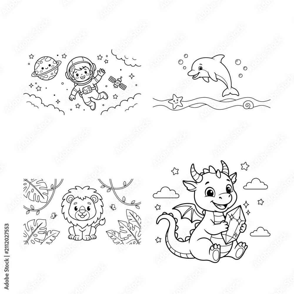 Fototapeta premium Set of four educational dot to dot activity sheets for children featuring cute animals and fantasy creatures