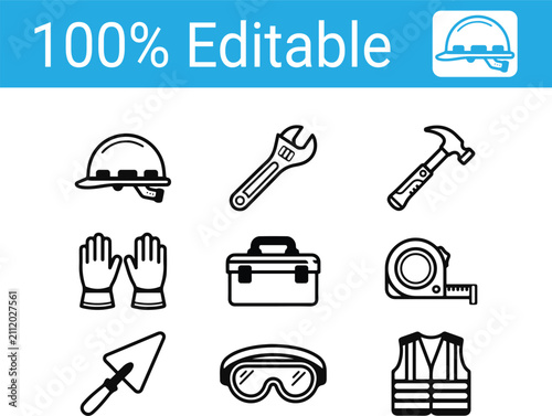9 Construction Industrial work tools icon set, black silhouettes of different equipment vector, repair service toolbox symbols, use able for labor day elements design 100% editable