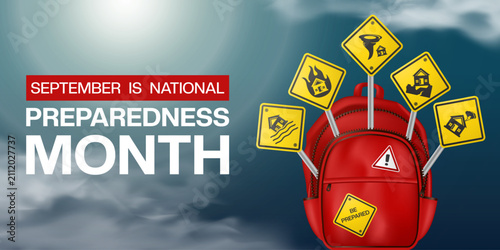 September is National Preparedness Month. Bag, cloud, light and sign. Suitable for posters, banners and social media. Dark background.