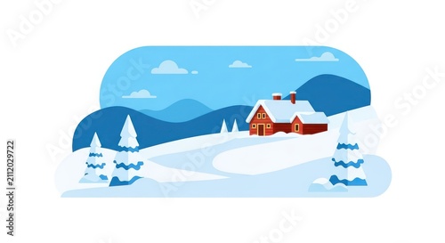 Winter scene with red house and snow.
