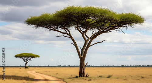 African savanna landscape with acacia trees and a dirt road, vast dry grassland, clear sky with clouds, wildlife habitat, nature, remote journey, iconic scenery.