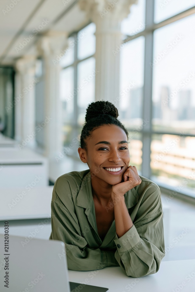 Fototapeta premium Professional portrait of a smiling woman in a green shirt in a modern office for business profile and website background