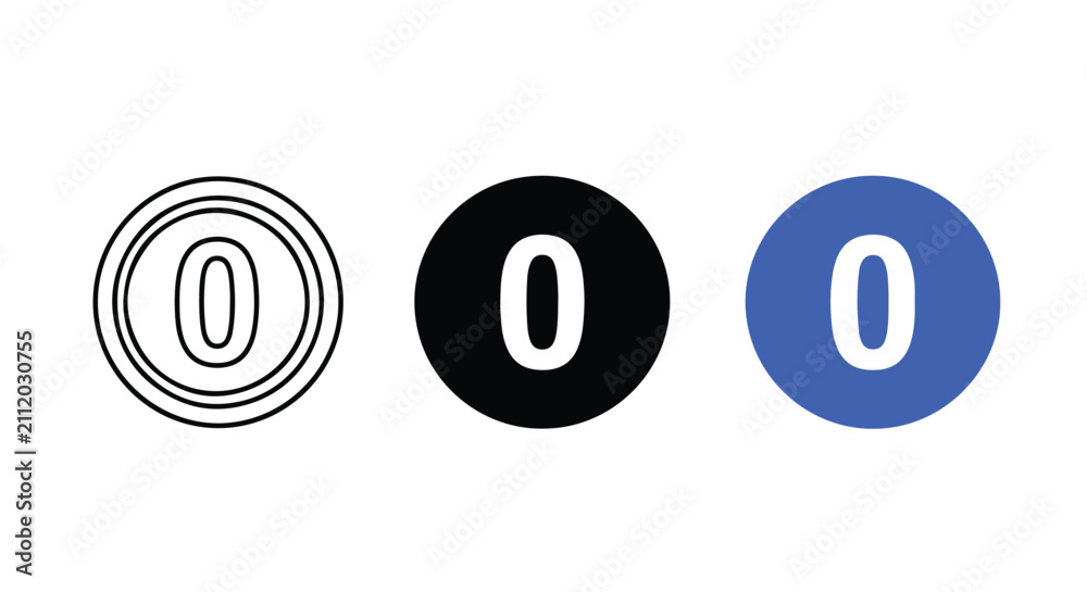 Obraz premium Number zero vector icon set in styles: Glyph and solid icon set - Icon vector - logo icons. Blue, Black and white icons