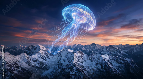 Bioluminescent deep sea jellyfish drifting across majestic alpine mountains under colorful twilight dusk sky.