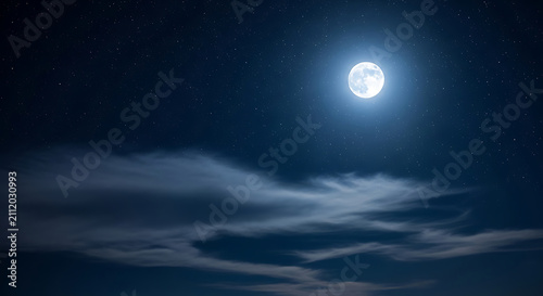 Bright full moon shining in dark night sky above soft flowing clouds creating calm peaceful celestial space background.