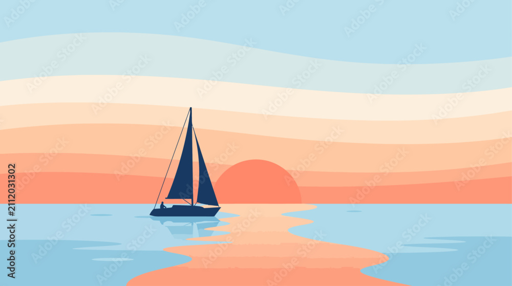 Fototapeta premium Serene Sunset Sailboat Illustration Featuring a Calm Ocean Horizon and Warm Evening Sky Colors