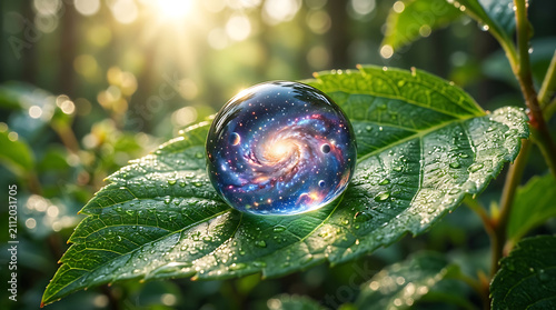 Crystal ball containing galaxy sits on dewy green leaf in vibrant sunlit natural environment.