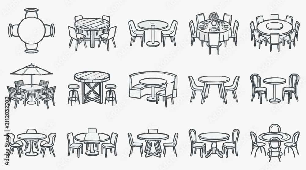 Obraz premium Industrial Black and White Line Drawing Set of Diverse Caf and Dining Tables with Chairs and Umbrellas