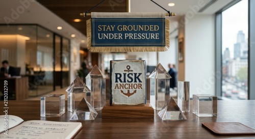 Risk Anchor Motivational Banner and Crystal Trophies in Office Setting