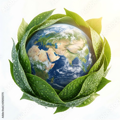 Earth planet globe surrounded by lush green leaves with water droplets isolated on bright white background eco.