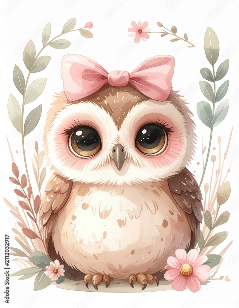 Obraz premium A cute cartoon owl with big eyes and a pink bow surrounded by delicate flowers and leaves in soft pastel tones.