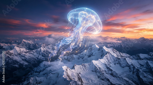 Ethereal translucent jellyfish floating over snowy mountain peaks during sunset with vibrant orange sky clouds.