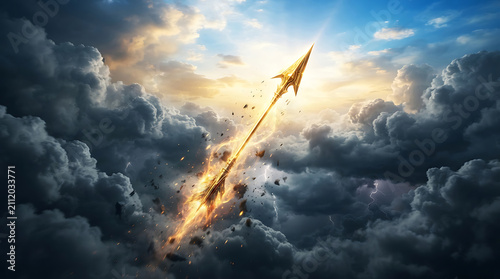 Fiery golden arrow breaking through dark storm clouds toward sunlight, symbolizing triumph, hope and ambition.