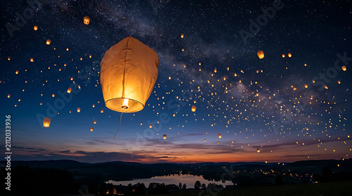 Floating sky lantern illuminates starry night sky over calm lake, sunset colors on horizon, dreamy wish.