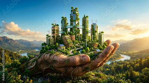 Futuristic eco city with green buildings and wind turbines held in giant hand in nature.