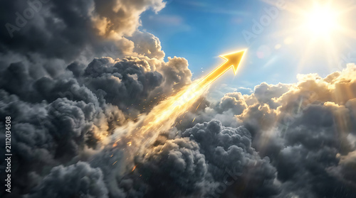 Golden arrow soaring through dark storm clouds towards bright sunlight representing success and overcoming challenge.