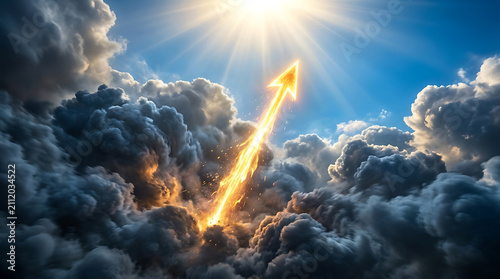 Golden arrow shooting upwards through heavy storm clouds reaching towards brilliant sun representing pure growth.