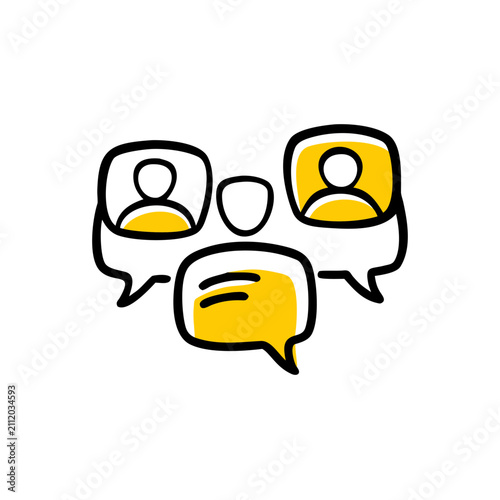 Communication concept with people and speech bubbles.