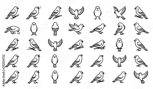 Obraz na płótnie Flying and Perching Bird Outline Vector Icon Set