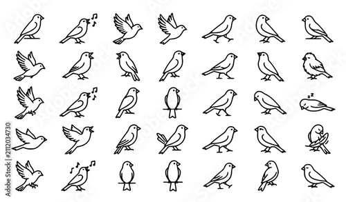 Obraz na płótnie Flying and Perching Bird Outline Vector Icon Set