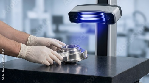 Industrial technician using a 3D blue light scanner for precision quality control of a metal mechanical part.