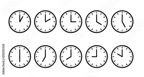 Clock time outline vector set with different hour positions and timekeeping icons.