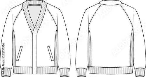 Obraz na płótnie Black and white vector fashion flat sketch of a men's cardigan sweater with front and back view