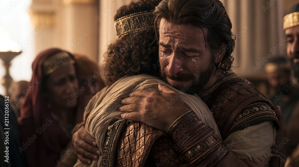 Obraz premium Joseph embracing his brothers after revealing his identity in the Egyptian palace.