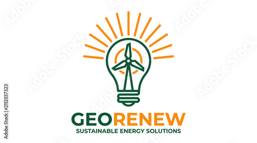 Sustainable energy logo design featuring a lightbulb and wind turbine icon.