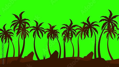 Coconut tree silhouette landscape view with parallax animation, coconut tree moving animation suitable for summer theme, with green screen