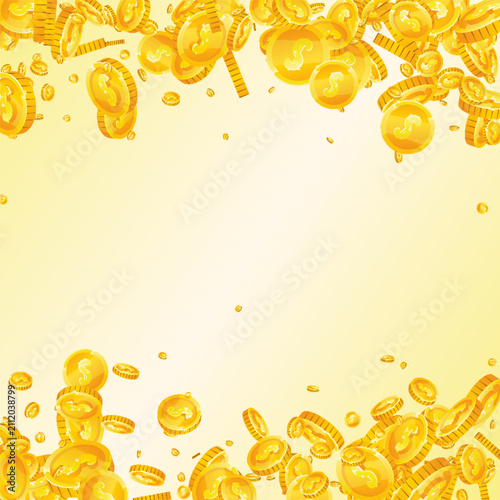 American dollar coins falling. Scattered gold USD