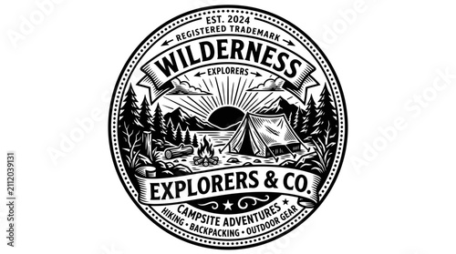 Vintage wilderness explorers badge logo with camping theme.