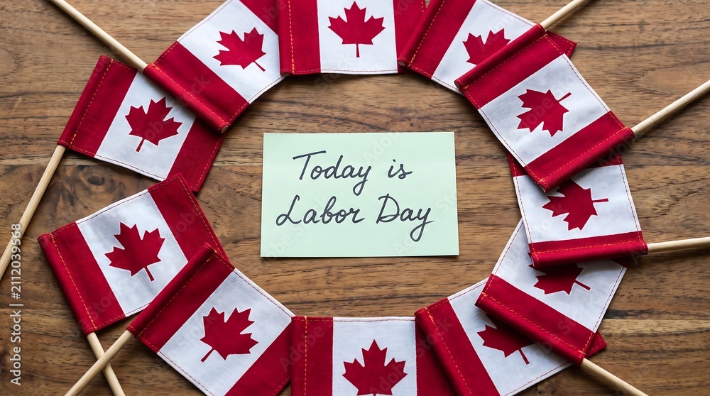Obraz premium Today is Labor Day Canada National Holiday with Small Canadian Flags on Rustic Wooden Background Flat Lay Design