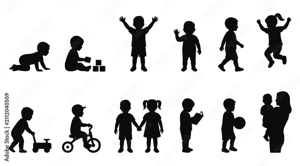 Obraz premium Set of silhouettes of children in different poses and activities