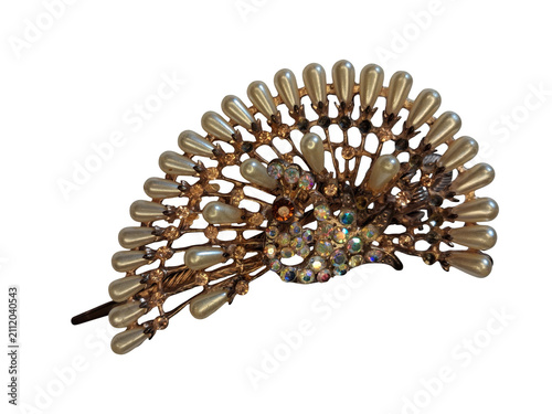 Canvas Print Vintage peacock feather hair brooch with pearls and gemstones isolated on transp