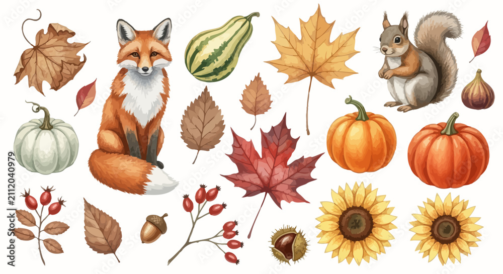Obraz premium Watercolor autumn clipart elements set with woodland animals pumpkin and leaves