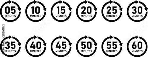 Fotografie Set of twelve black circular timer icons showing intervals of five minutes from