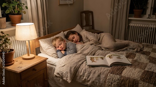 Sister and Brother sleeping in Comfort bed, made by Ai